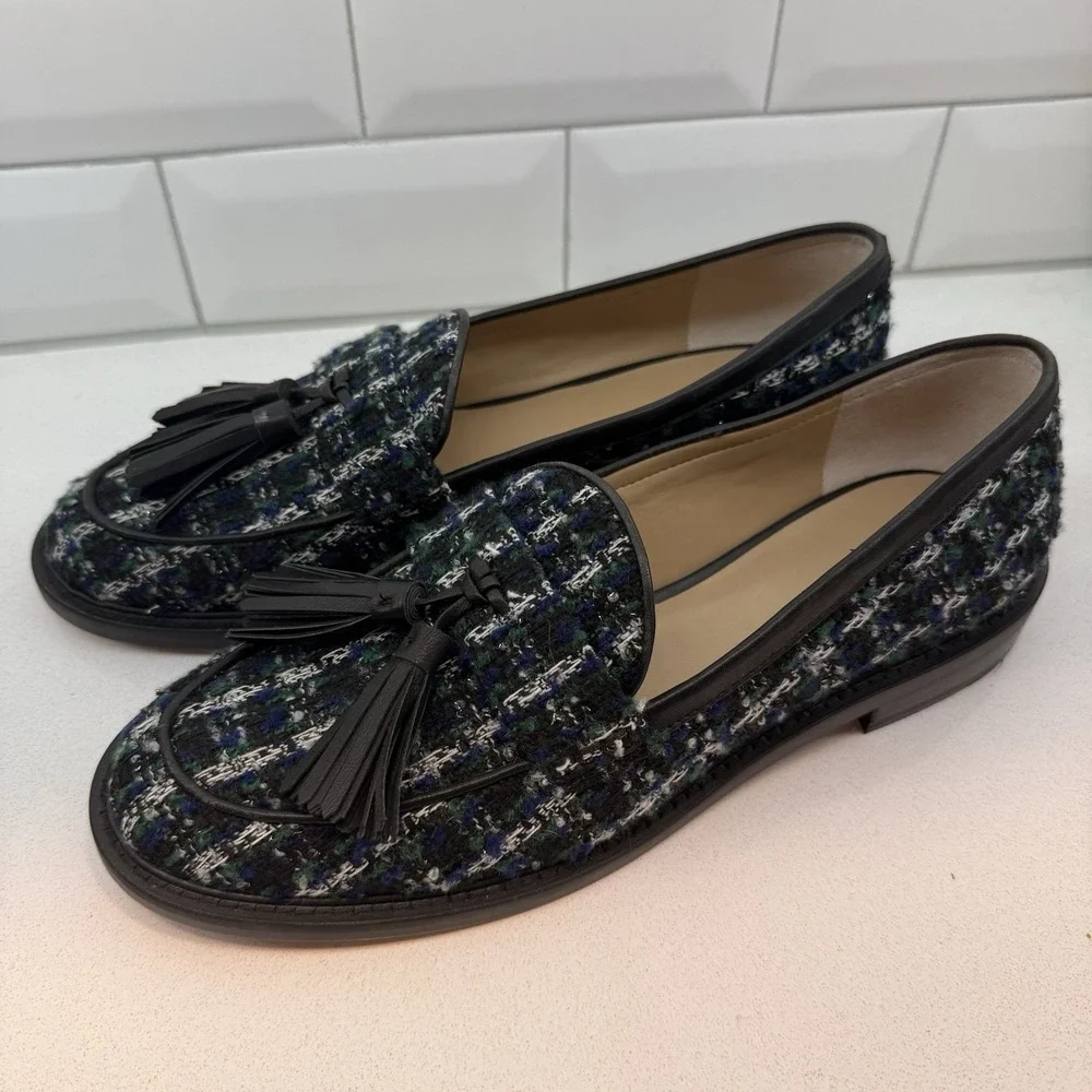Stylish Women’s Ann Taylor Navy Black Tweed Tassel Loafers, EUC, Size 9